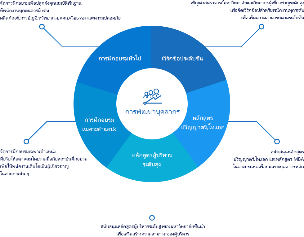 Workshop theo cấp bậc | Chương trình cử nhân, thạc sĩ, tiến sĩ | Tu nghiệp đào tạo bên công ty mẹ | Giáo dục chức vụ | Giáo dục chung
